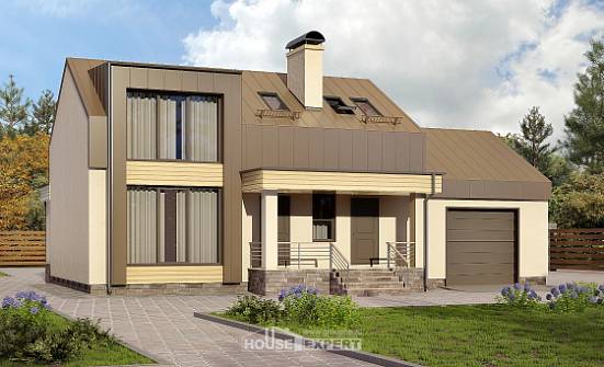 150-015-Л Проект двухэтажного дома с мансардой, гараж, компактный дом из газобетона Хабаровск | Проекты домов от House Expert