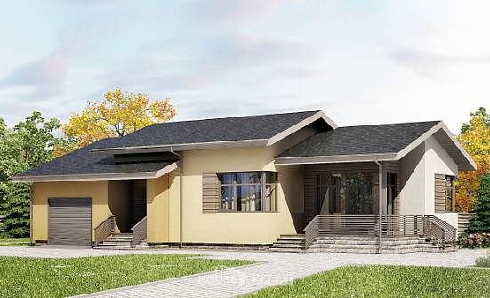 135-002-Л Проект одноэтажного дома и гаражом, экономичный дом из поризованных блоков Амурск | Проекты домов от House Expert